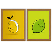 Citrus Pop Set of 2 Prints featuring playful lemon and lime illustrations in bright yellow and green - Oak Frame