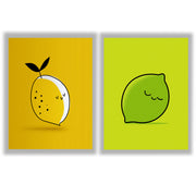 Citrus Pop Set of 2 Prints featuring playful lemon and lime illustrations in bright yellow and green - Unframed Prints