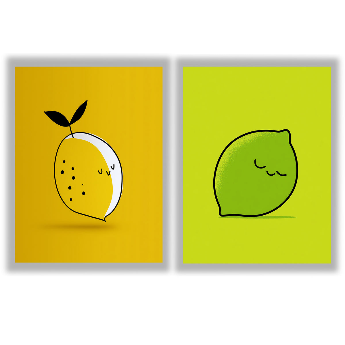 Citrus Pop Set of 2 Prints featuring playful lemon and lime illustrations in bright yellow and green - Unframed Prints