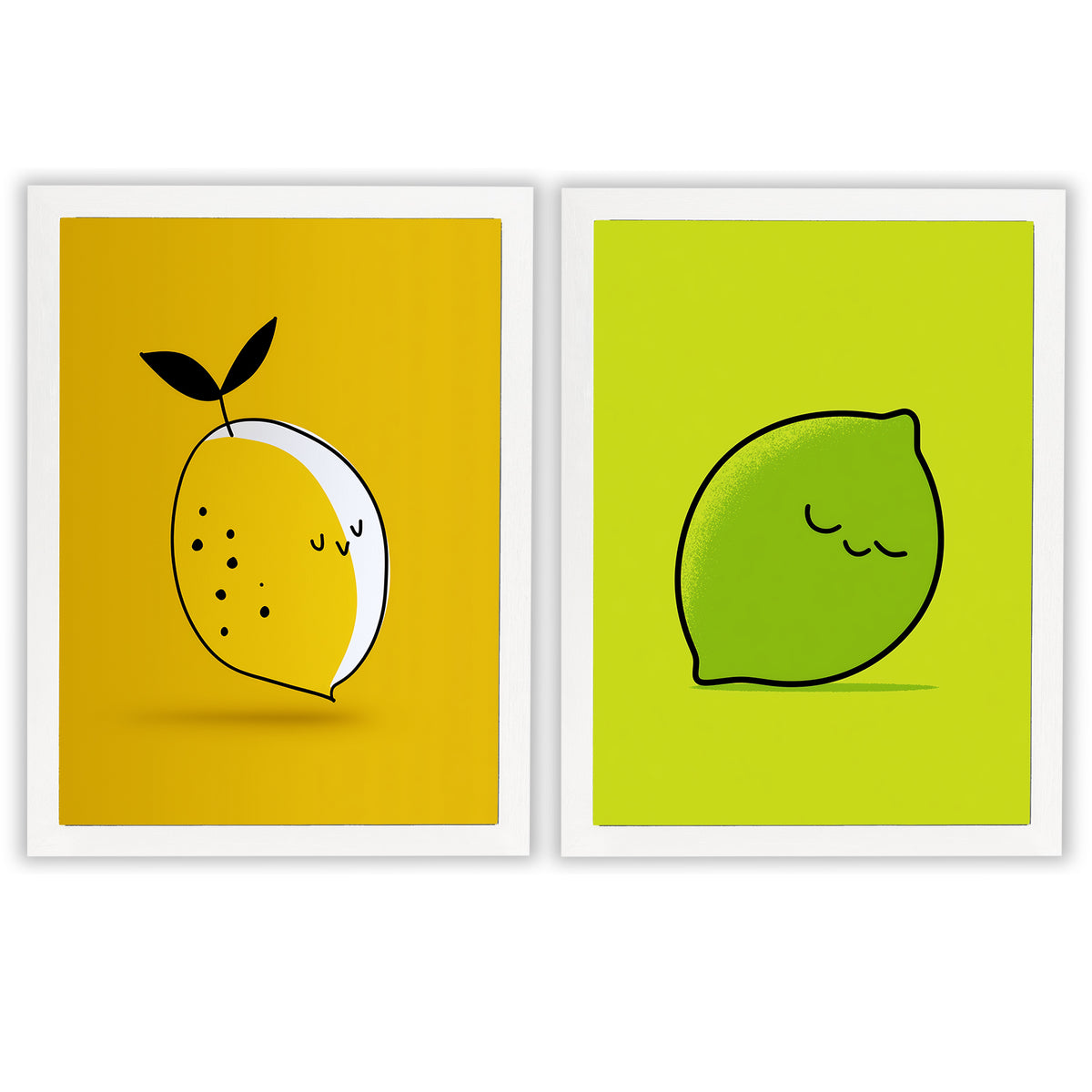 Citrus Pop Set of 2 Prints featuring playful lemon and lime illustrations in bright yellow and green - White Frame