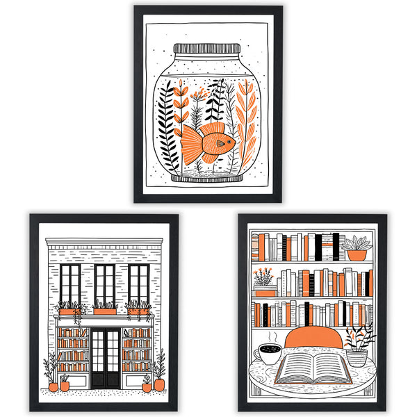 Set of 3 Illustration Prints showcasing vibrant designs with black linework and orange accents - Black Frame