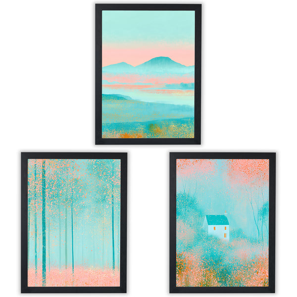 Set of 3 Scenic Prints featuring blush landscapes with turquoise and coral tones - Black Frame