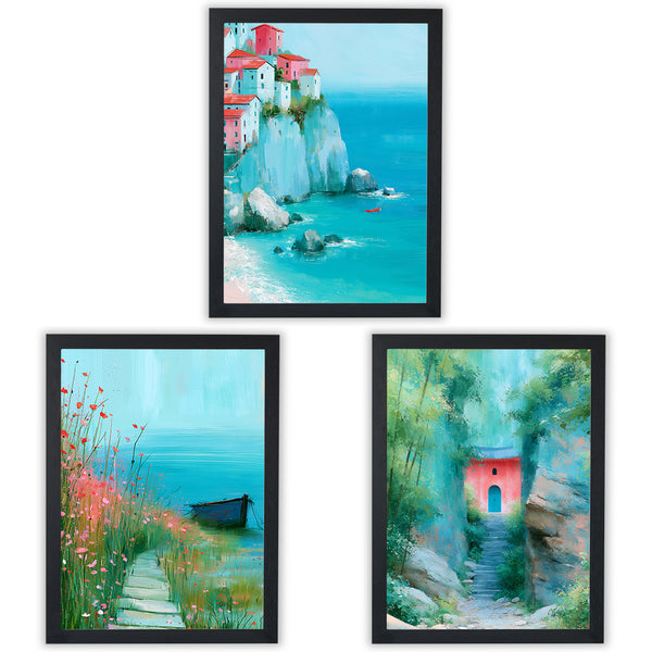 Coastal Escapes set of 3 prints, painted Mediterranean coastal scenes in turquoise, pink and green, black frame