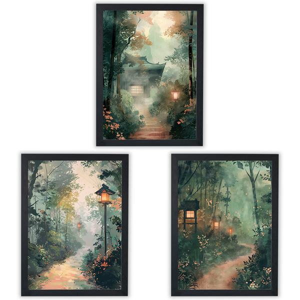 Set of 3 Forest Prints showcasing serene woodland scenes with soft lighting and tranquil atmospheres - Black Frame