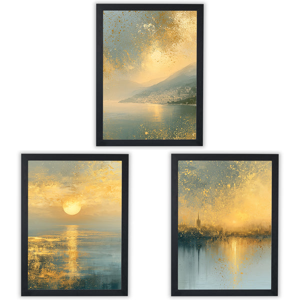 Set of 3 Scenic Prints featuring gilded landscapes with golden light and serene waters - Black Frame