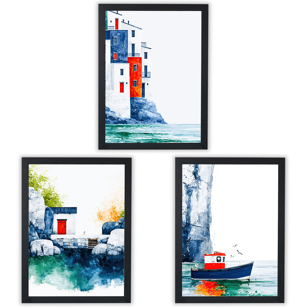 Painted Shores Set of 3 Prints showcasing coastal watercolour scenes in blue, turquoise and red - Black Frame