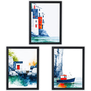 Painted Shores Set of 3 Prints showcasing coastal watercolour scenes in blue, turquoise and red - Black Frame
