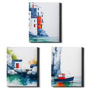 Painted Shores Set of 3 Prints showcasing coastal watercolour scenes in blue, turquoise and red - Wrapped Canvas