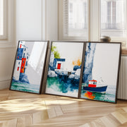 Painted Shores Set of 3 Prints featuring whitewashed buildings, rocky shores and peaceful blue waters