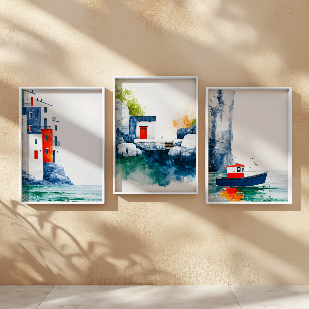 Painted Shores Set of 3 Prints displayed in a bright room, featuring colourful coastal watercolour wall art