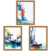 Painted Shores Set of 3 Prints showcasing coastal watercolour scenes in blue, turquoise and red - Oak Frame