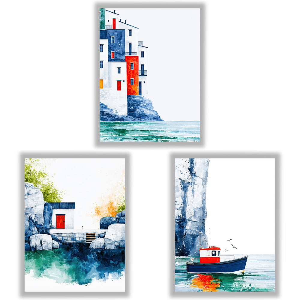 Painted Shores Set of 3 Prints showcasing coastal watercolour scenes in blue, turquoise and red - Unframed Prints