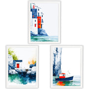 Painted Shores Set of 3 Prints showcasing coastal watercolour scenes in blue, turquoise and red - White Frame