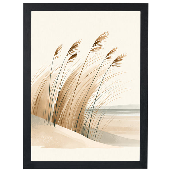 Sea Breeze coastal print, golden dune grasses above the shore, in a black frame