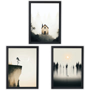 Silent Wilderness Set of 3 Prints showcasing minimalist forest landscapes in soft neutral tones - Black Frame