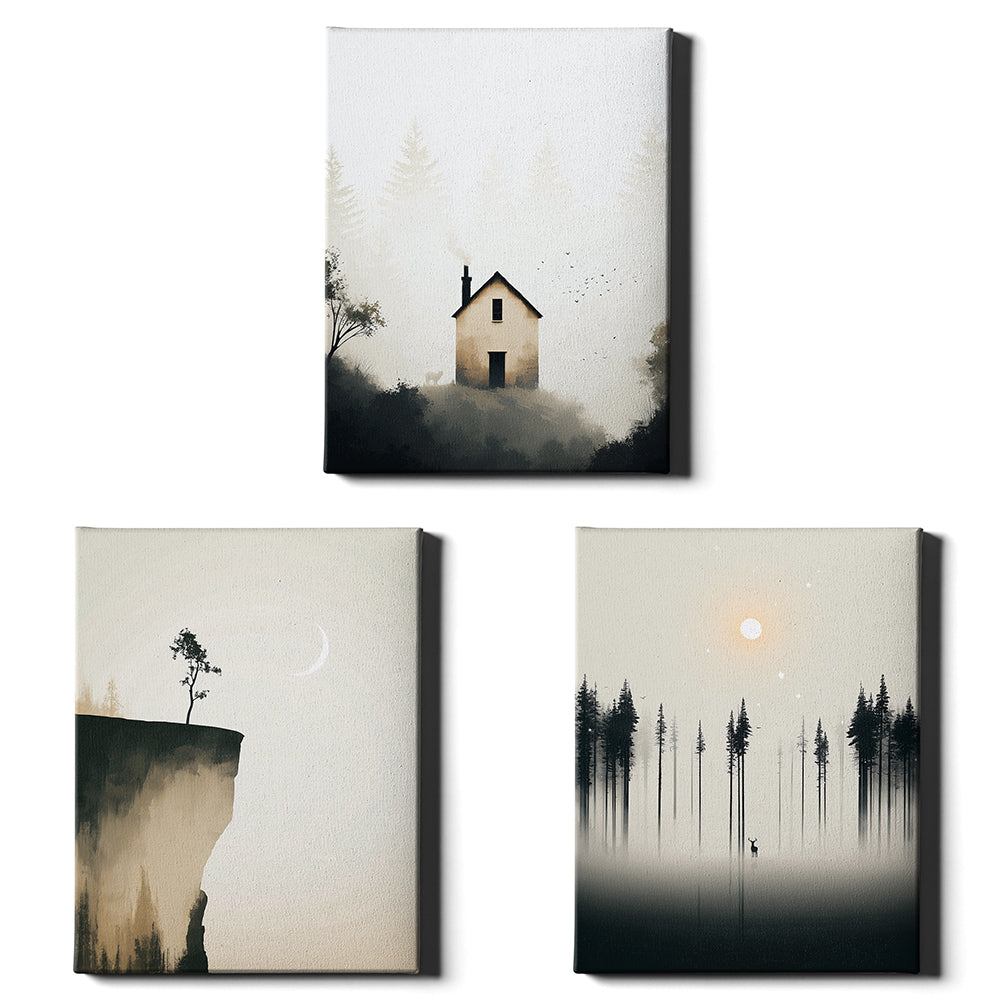 Silent Wilderness Set of 3 Prints showcasing minimalist forest landscapes in soft neutral tones - Wrapped Canvas