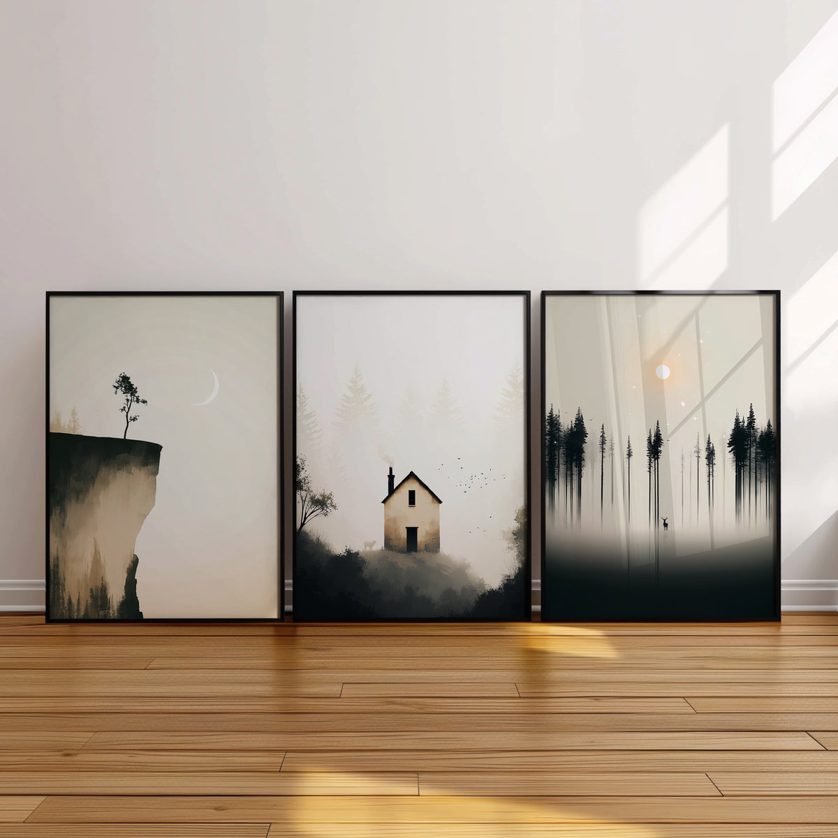 Silent Wilderness Set of 3 Prints featuring misty woodland, solitary trees and peaceful natural landscapes