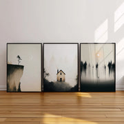 Silent Wilderness Set of 3 Prints featuring misty woodland, solitary trees and peaceful natural landscapes