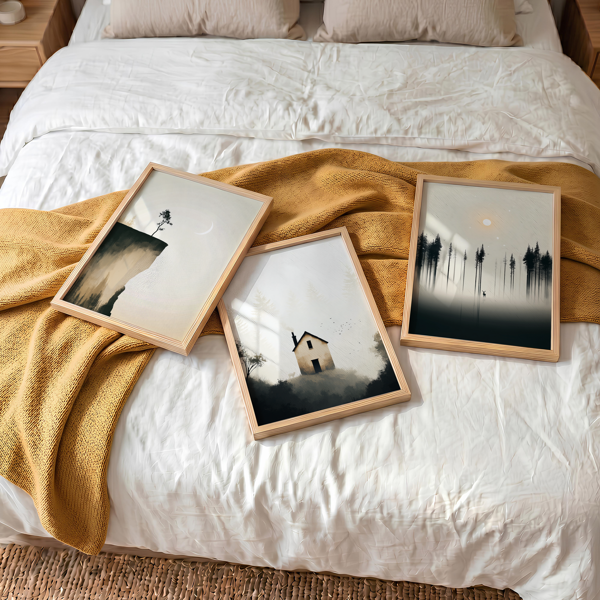 Silent Wilderness Set of 3 Prints displayed in a bright room, featuring atmospheric minimalist forest wall art