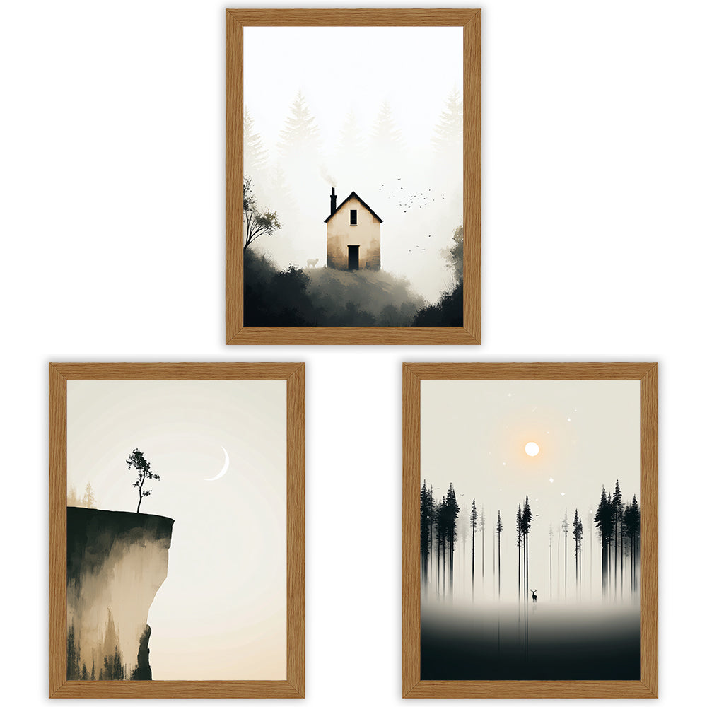Silent Wilderness Set of 3 Prints showcasing minimalist forest landscapes in soft neutral tones - Oak Frame