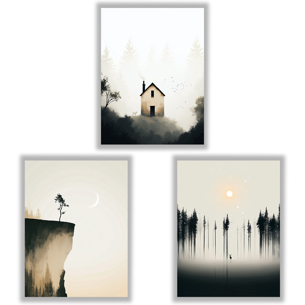 Silent Wilderness Set of 3 Prints showcasing minimalist forest landscapes in soft neutral tones - Unframed Prints