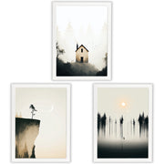 Silent Wilderness Set of 3 Prints showcasing minimalist forest landscapes in soft neutral tones - White Frame