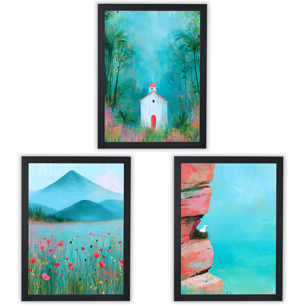 Set of 3 Scenic Prints featuring Poppy Meadow, Hidden Chapel, and Cliffside Nest in vibrant colours - Black Frame