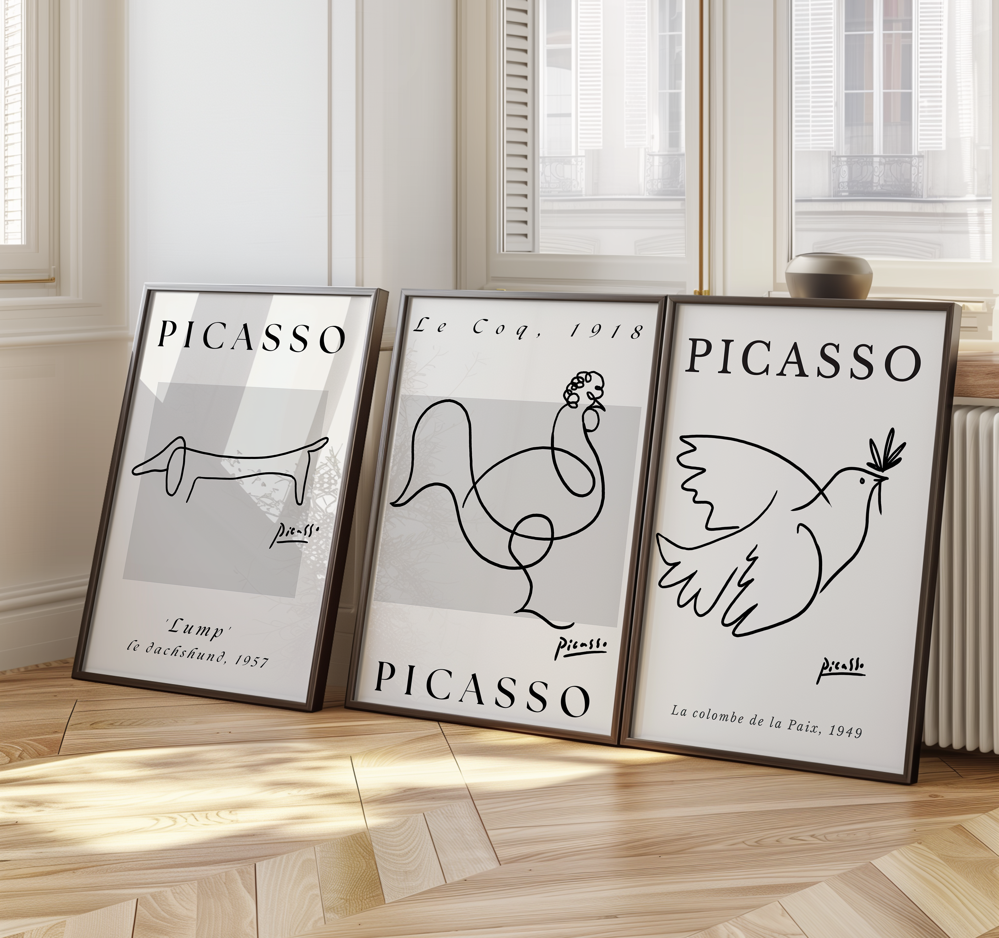 Three modernist line art prints inspired by Picasso, featuring a dachshund, a rooster, and a dove with simple black lines on a neutral background, framed and displayed on a wooden floor.