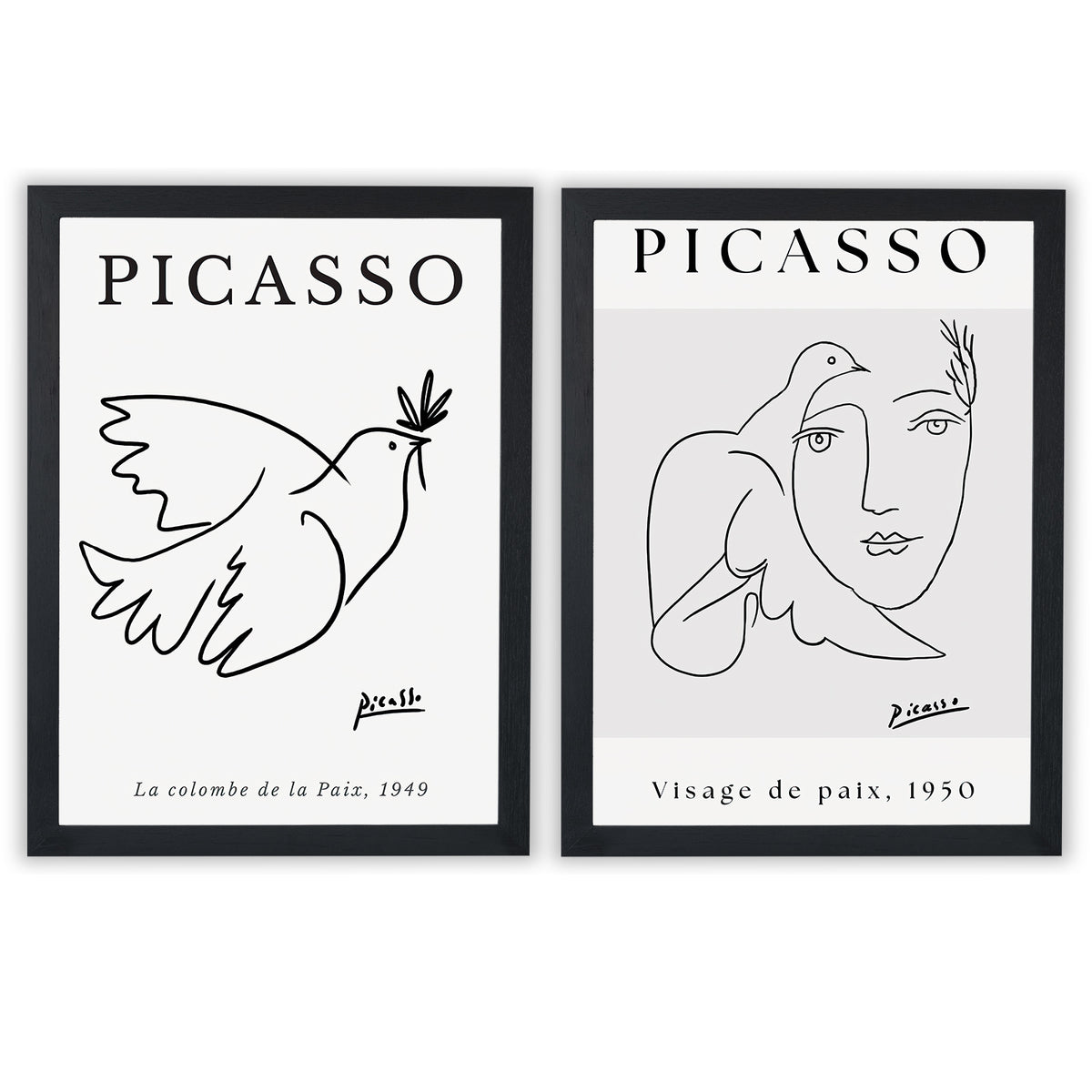 Picasso Set of 2 Prints featuring minimalist dove and face line drawings in black and white - Black Frame