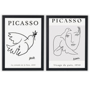 Picasso Set of 2 Prints featuring minimalist dove and face line drawings in black and white - Black Frame