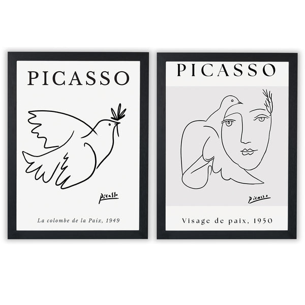 Picasso Set of 2 Prints featuring minimalist dove and face line drawings in black and white - Black Frame