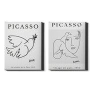 Picasso Set of 2 Prints featuring minimalist dove and face line drawings in black and white - Wrapped Canvas