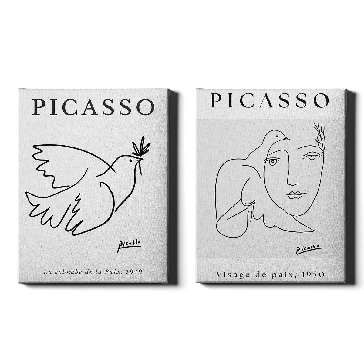Picasso Set of 2 Prints featuring minimalist dove and face line drawings in black and white - Wrapped Canvas