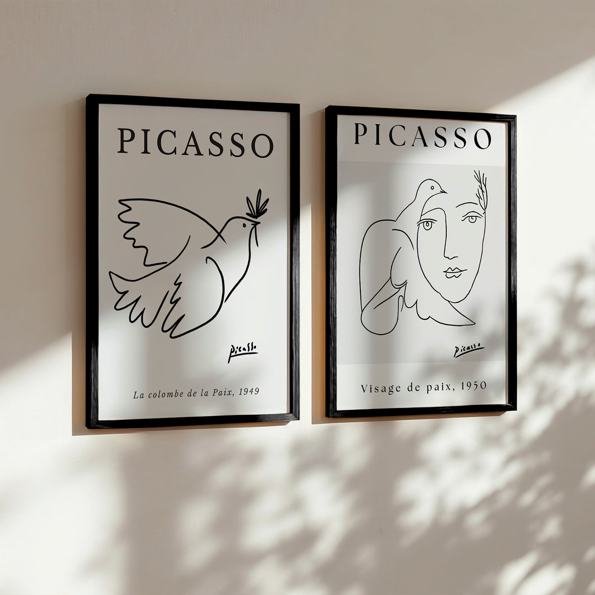 Picasso Set of 2 Prints featuring expressive black line drawings with peaceful symbolic imagery