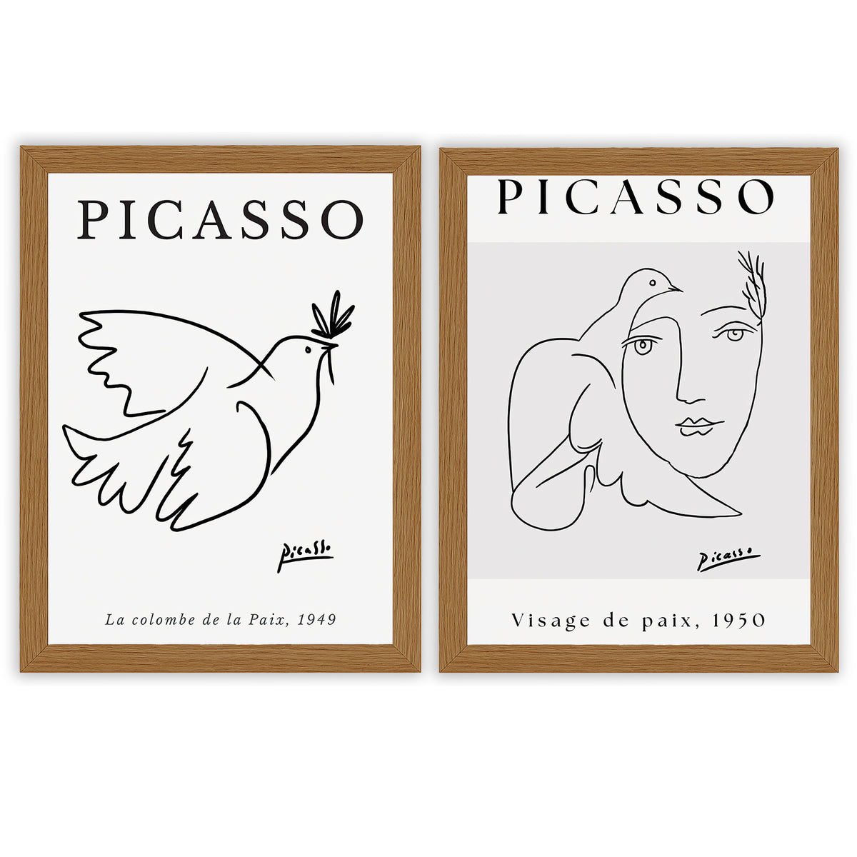 Picasso Set of 2 Prints featuring minimalist dove and face line drawings in black and white - Oak Frame