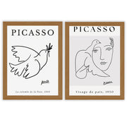 Picasso Set of 2 Prints featuring minimalist dove and face line drawings in black and white - Oak Frame