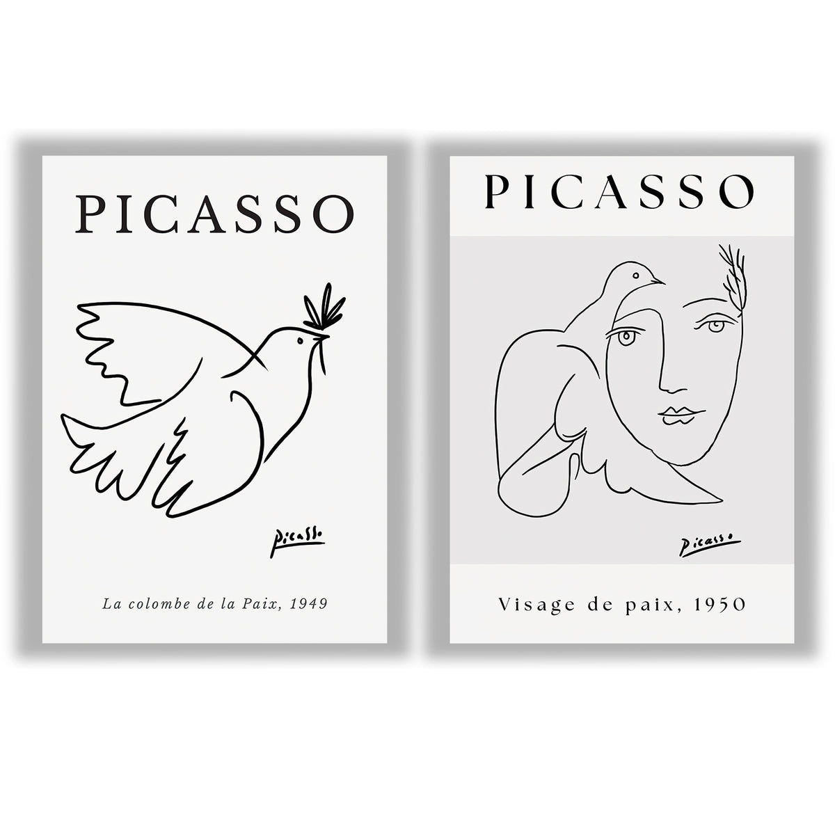 Picasso Set of 2 Prints featuring minimalist dove and face line drawings in black and white - Unframed Prints