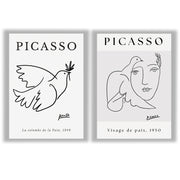 Picasso Set of 2 Prints featuring minimalist dove and face line drawings in black and white - Unframed Prints