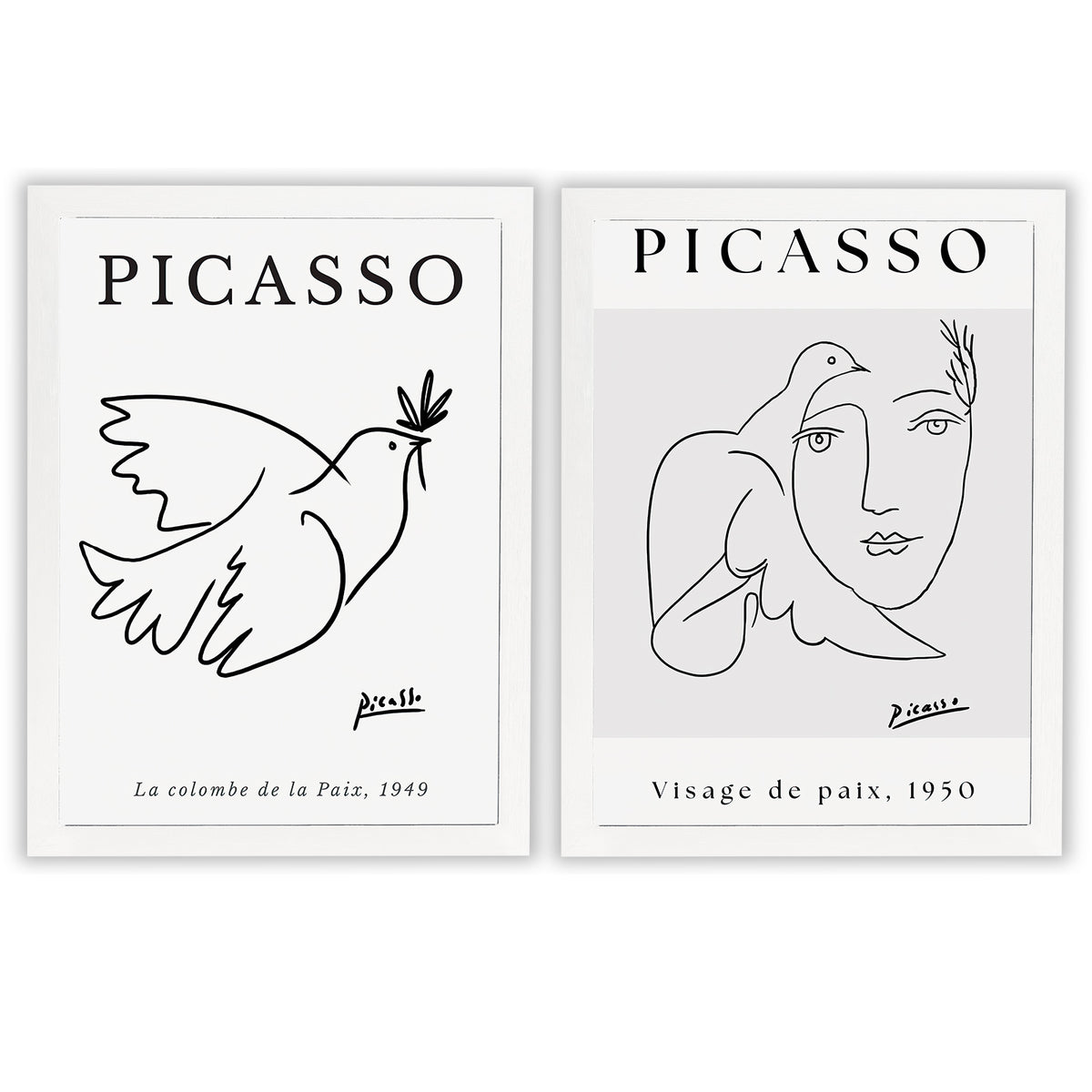 Picasso Set of 2 Prints featuring minimalist dove and face line drawings in black and white - White Frame