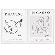 Picasso Set of 2 Prints featuring minimalist dove and face line drawings in black and white - White Frame