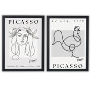 Picasso Set of 2 Prints featuring modernist portrait and rooster line drawings in black and white - Black Frame
