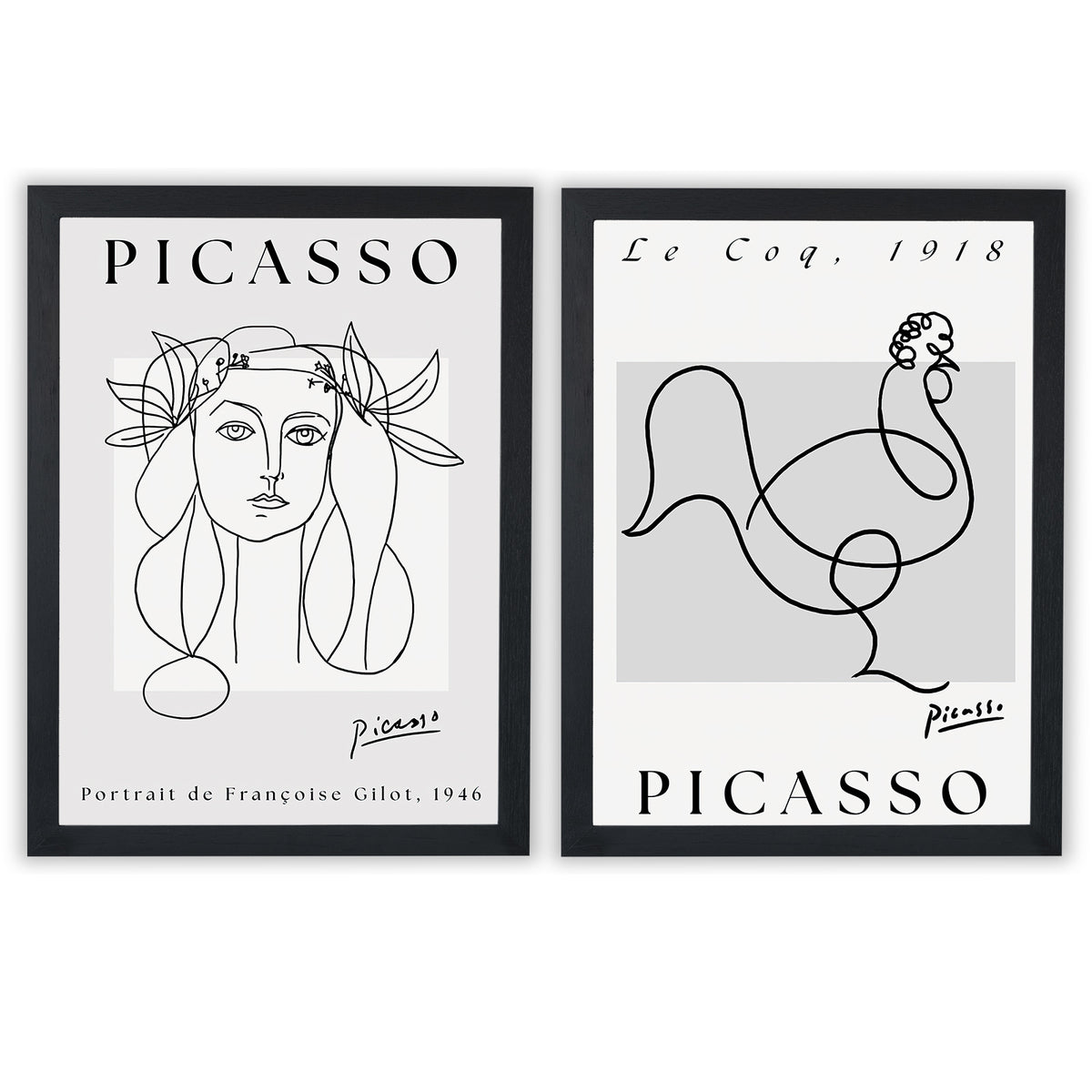 Picasso Set of 2 Prints featuring modernist portrait and rooster line drawings in black and white - Black Frame