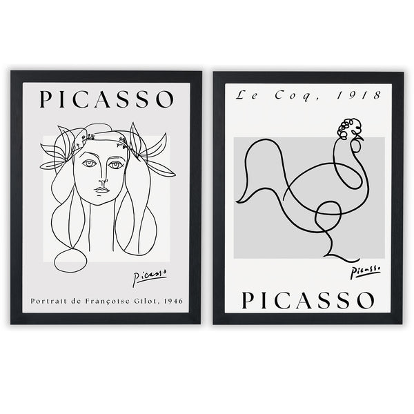 Picasso Set of 2 Prints featuring modernist portrait and rooster line drawings in black and white - Black Frame