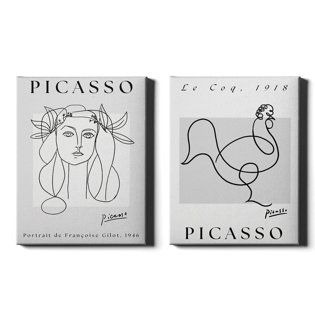 Picasso Set of 2 Prints featuring modernist portrait and rooster line drawings in black and white - Wrapped Canvas