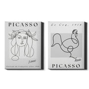 Picasso Set of 2 Prints featuring modernist portrait and rooster line drawings in black and white - Wrapped Canvas