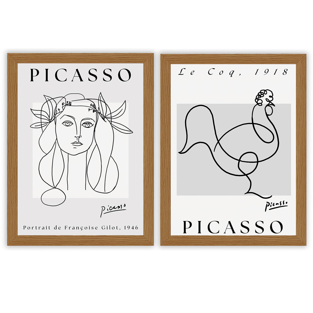 Picasso Set of 2 Prints featuring modernist portrait and rooster line drawings in black and white - Oak Frame