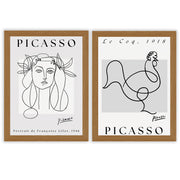 Picasso Set of 2 Prints featuring modernist portrait and rooster line drawings in black and white - Oak Frame