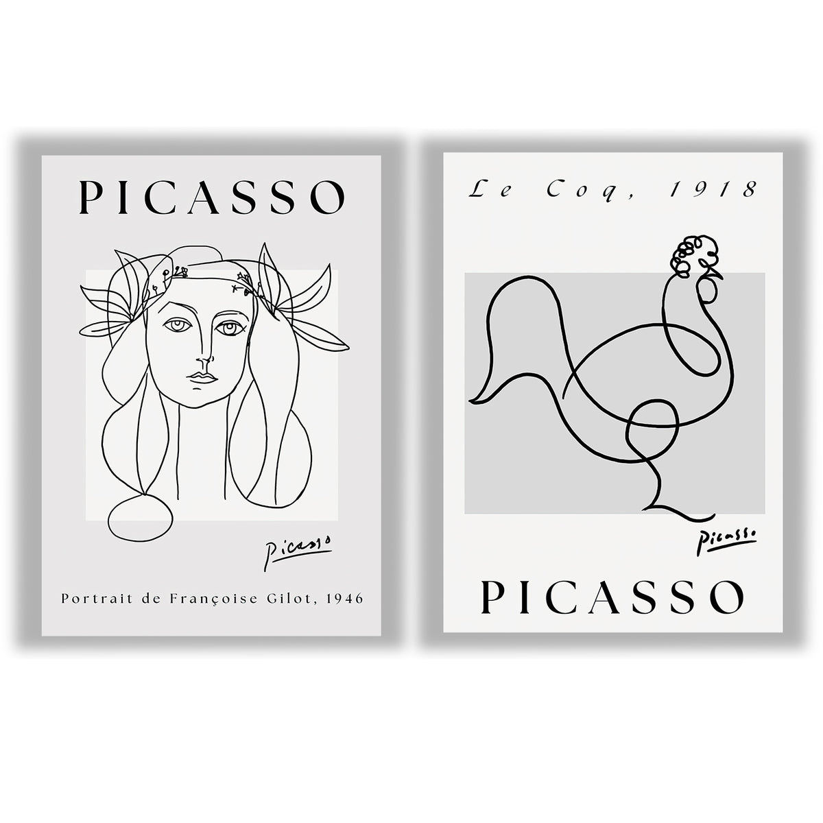 Picasso Set of 2 Prints featuring modernist portrait and rooster line drawings in black and white - Unframed Prints