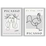 Picasso Set of 2 Prints featuring modernist portrait and rooster line drawings in black and white - Unframed Prints