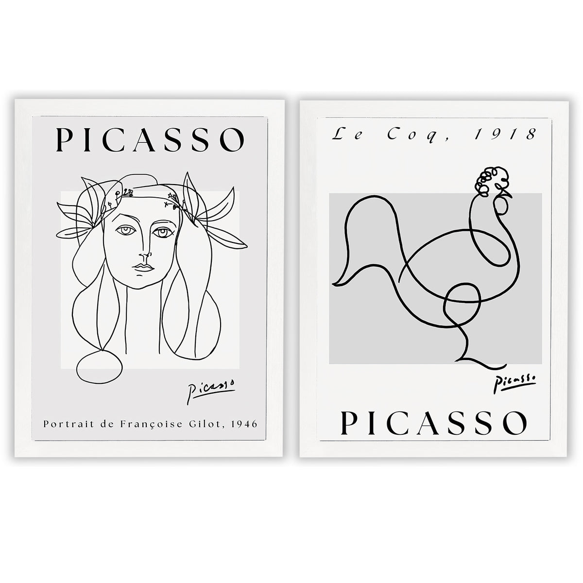 Picasso Set of 2 Prints featuring modernist portrait and rooster line drawings in black and white - White Frame